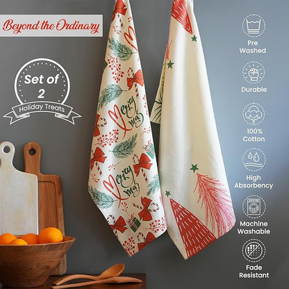 Set of 2 Merry Xmas Printed Kitchen Towel 18" x28", 100% Fresh cotton, Cherry Red & Green