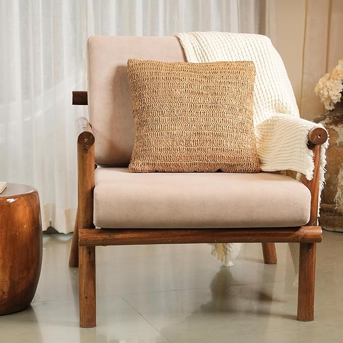 Rustic Raffia Handwoven Pillow Cover 18x18 inches – Boho Decorative Cushion