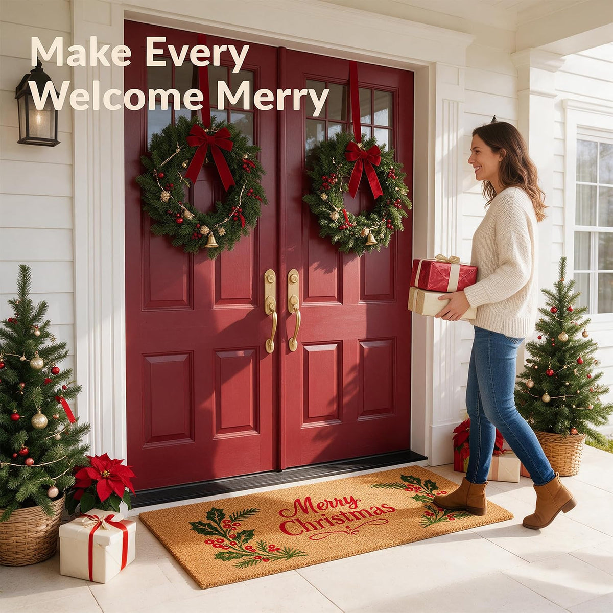 Merry Christmas Door mats Outdoor Entrance, Misltoe Design, 22x47 inches