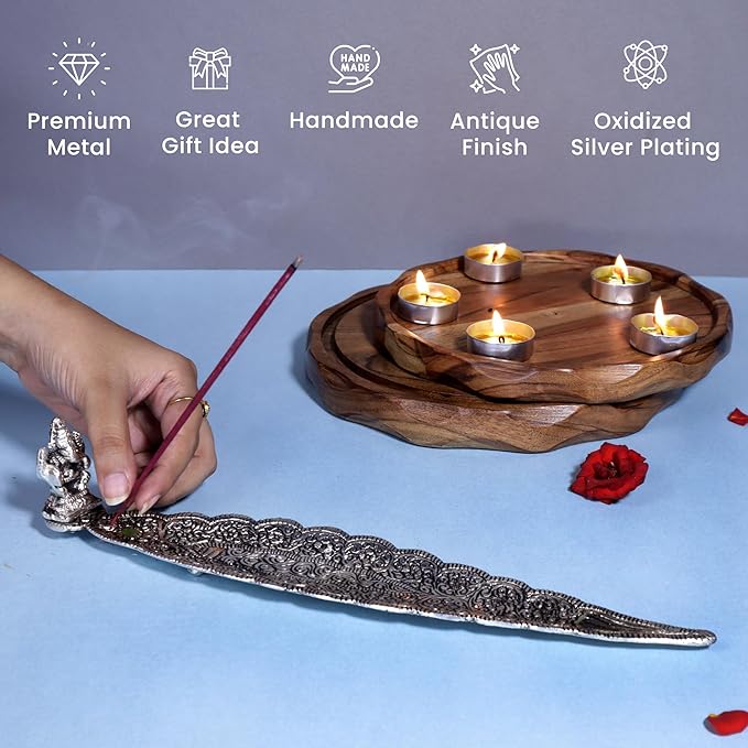Leaf Incense Holder, handgraved with Antique Silver finish, Set of 2 - India Wholesale Co.