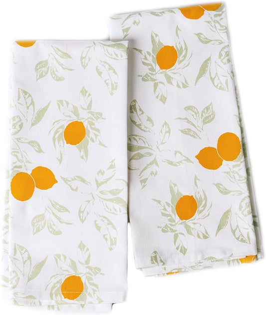 Set of 2 Lemon Printed Kitchen Towel 18" x28", 100% Fresh cotton, Sage & Yellow - India Wholesale Co.