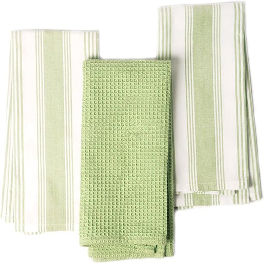 Set of 3 yarn Dyed with Waffle Kitchen Towel, 18" x 28", Recycled Cotton, Green - India Wholesale Co.