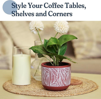 4-Inch Terracotta Planter with White Leaf Design – Boho Pot