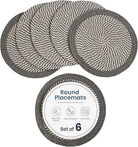 Melange Gray & White  Braided Placemat set of 6 (3 pcs full melange+3 pcs with solid border) - Recycle Cotton