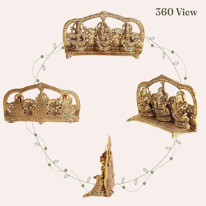 Laxmi Ganesh Saraswati Idol, handcrafted in Antique Gold finish, Set of 1 - India Wholesale Co.