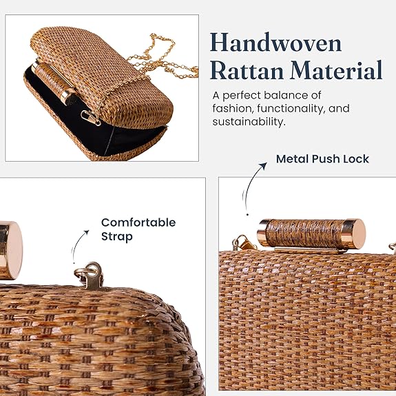 Handwoven Straw Clutch Purse with Chains, 7.5x5 inch