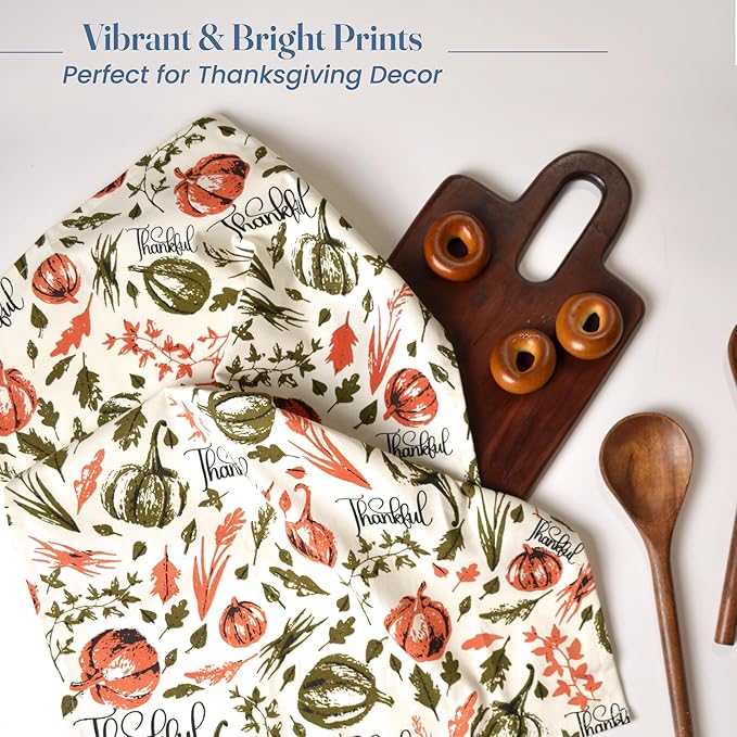 Set of 2 Thankful Printed Dish Towels, Hand Towels, 18" x28", 100% Cotton, Rust & Olive