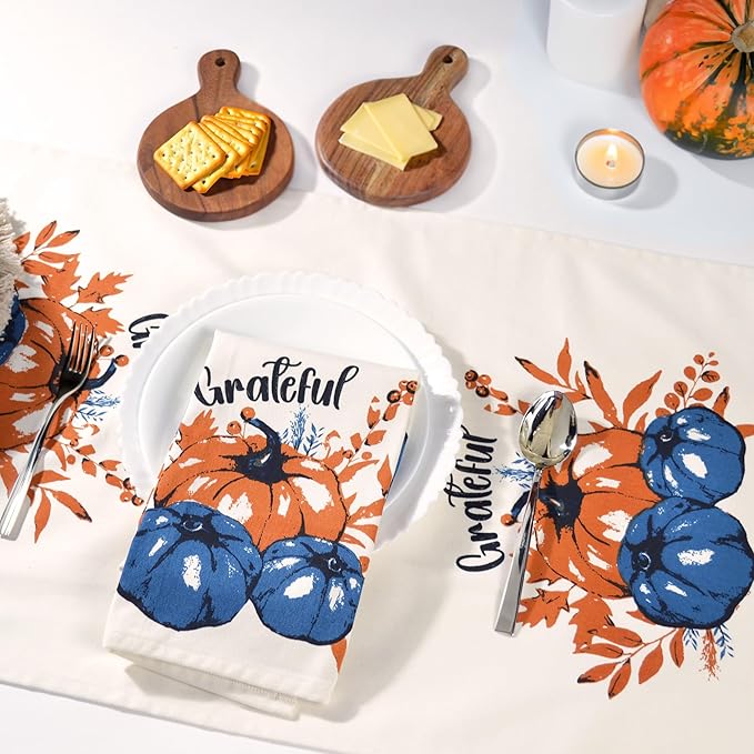 Set of 2 Grateful Printed Dish Towels, Hand Towels, 18" x28", 100% Cotton, Blue & Orange - India Wholesale Co.