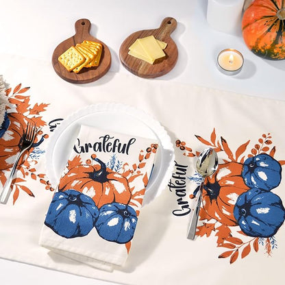 Set of 2 Grateful Printed Dish Towels, Hand Towels, 18" x28", 100% Cotton, Blue & Orange - India Wholesale Co.