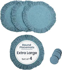 Blue Braided Solid Placemat with fringes set of 4 (13" + with 2" fringes) +4 Coasters (4")- Recycle Cotton