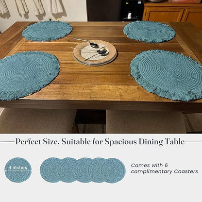 Blue Braided Solid Placemat with fringes set of 4 (13" + with 2" fringes) +4 Coasters (4")- Recycle Cotton