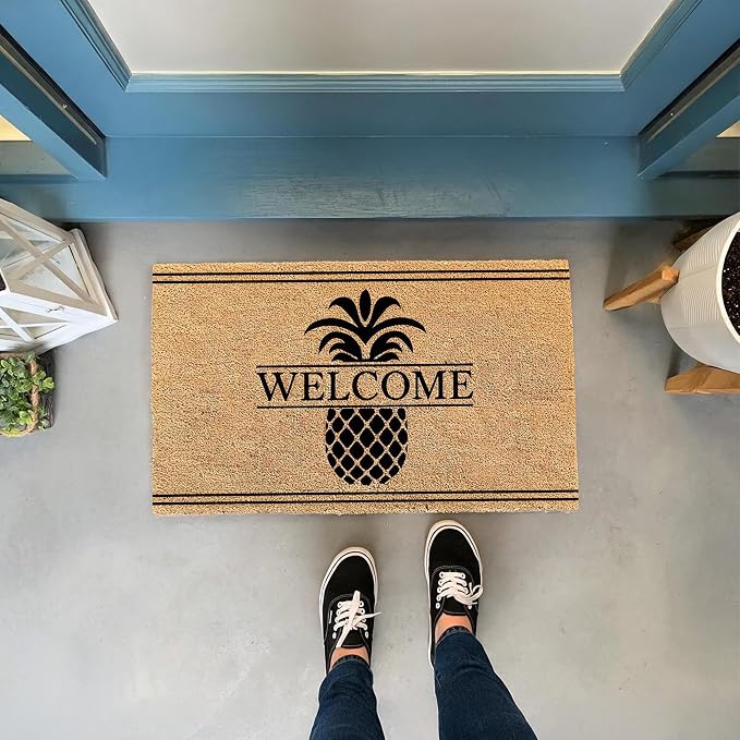 Coco Coir Door Mat Outside Entrance Pineapple Welcome Print, 30x17 inches