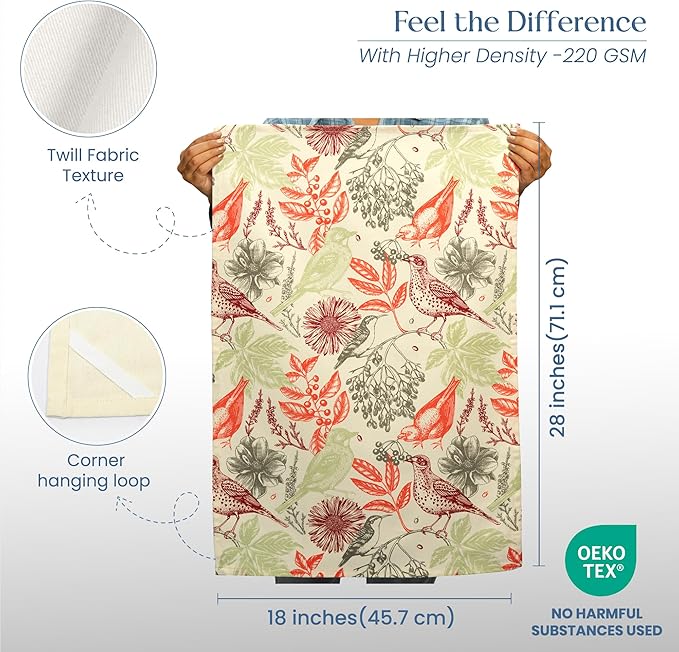 Set of 2 Hello Bird Printed Kitchen Towel 18" x28" , 100% Fresh cotton, Red & Light Green