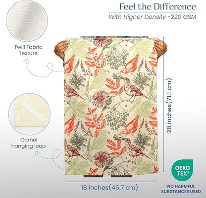 Set of 2 Hello Bird Printed Kitchen Towel 18" x28" , 100% Fresh cotton, Red & Light Green