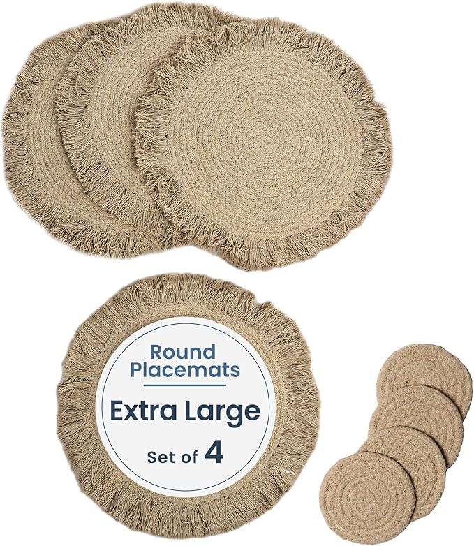 Beige Braided Solid Placemat with fringes set of 4 (13" + with 2" fringes) +4 Coasters (4")- Recycle Cotton
