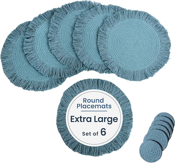 Blue Braided Solid Placemat with fringes  set of 6 (13" + with 2" fringes) +6 Coasters (4")- Recycle Cotton