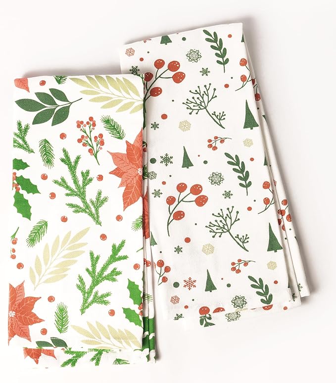 Set of 2 poinsettia flower Printed Kitchen Towel 18" x28", 100% Fresh cotton, Green & White