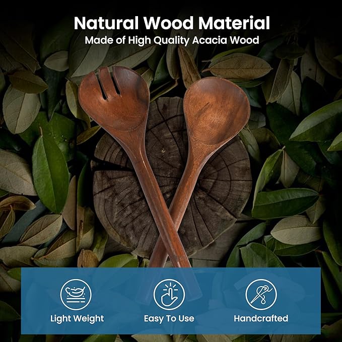 Acacia Salad Servers, 11 Inches Wooden Spoon, Handcrafted Kitchen Utensils for Mixing, Tossing, Cooking (Walnut) - India Wholesale Co.