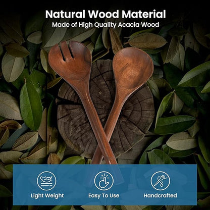 Acacia Salad Servers, 11 Inches Wooden Spoon, Handcrafted Kitchen Utensils for Mixing, Tossing, Cooking (Walnut) - India Wholesale Co.