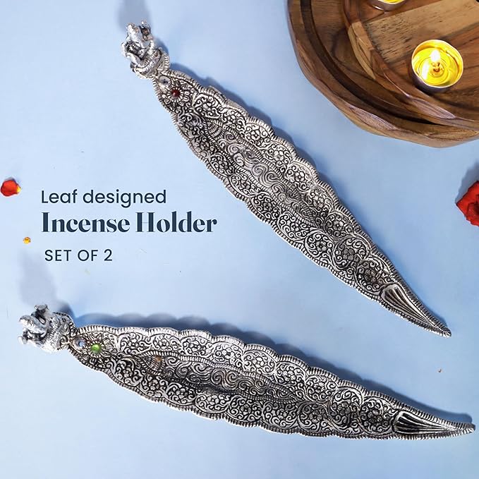 Leaf Incense Holder, handgraved with Antique Silver finish, Set of 2 - India Wholesale Co.