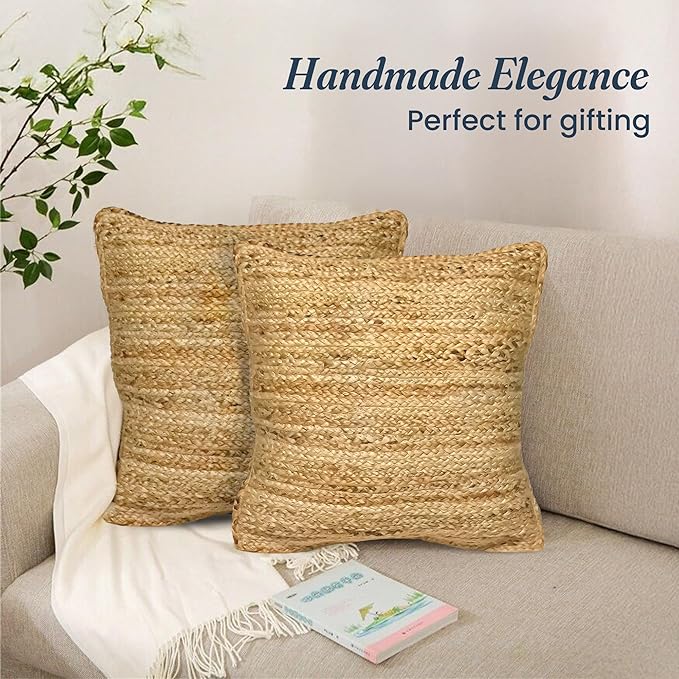 Jute Braided Decorative Pillow Cover, 18x18 inch, 2Pc. Natural