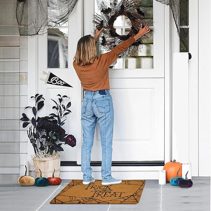 Coir Mat Trick and Treat Design - 17X30" - Beige and Black - India Wholesale Co.