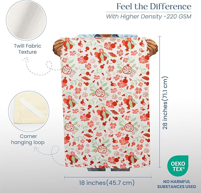 Set of 2 Pomegranate Printed Kitchen Towel 18" x28" , 100% Fresh cotton, Sage & Peppery red