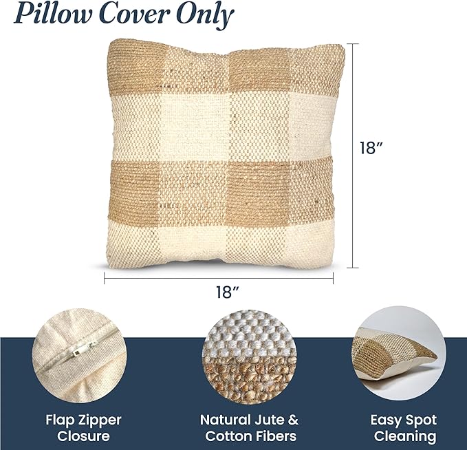 Jute Braided Decorative Pillow Cover, 18 x 18 inch, Natural & Ivory - India Wholesale Co.