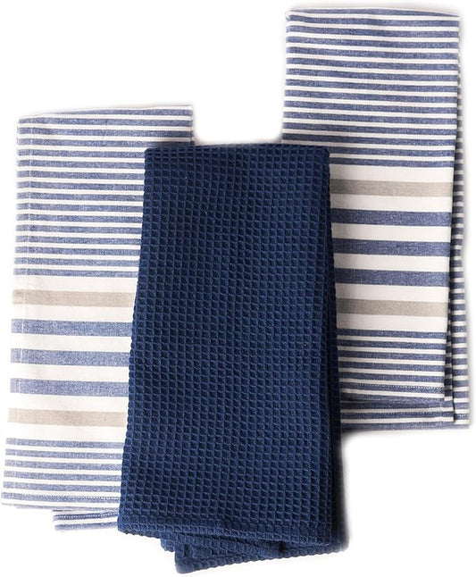 Set of 3 yarn Dyed with Waffle Kitchen Towel, 18" x 28", Recycled Cotton, Blue - India Wholesale Co.