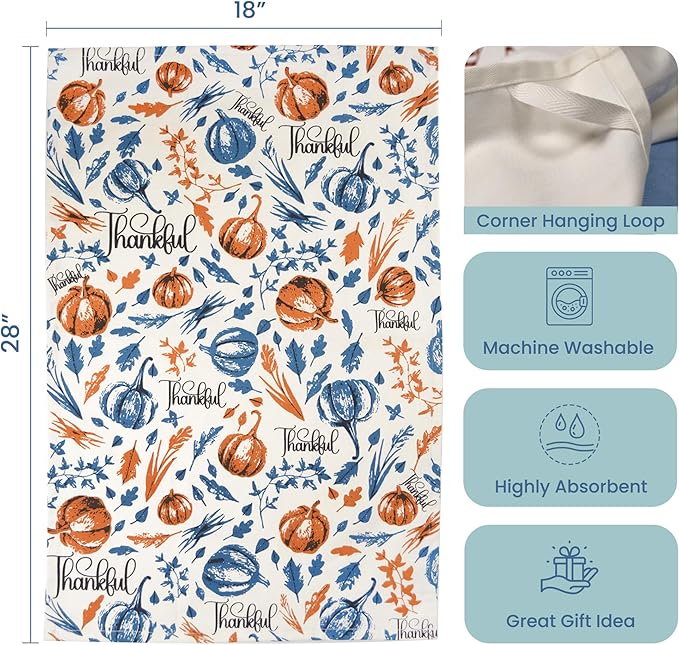 Set of 2 Thankful & Grateful Printed Dish Towels, 18" x28", 100% Cotton, Blue & Orange - India Wholesale Co.