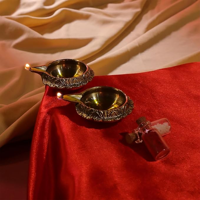 Handmade Brass Kuber Diyas Set of 2 – Gold Finish Oil Lamps for Pooja