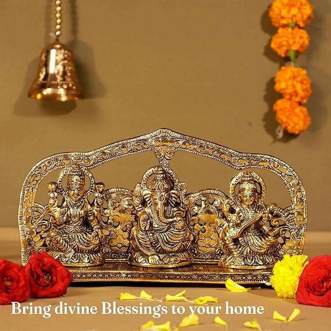 Laxmi Ganesh Saraswati Idol, handcrafted in Antique Gold finish, Set of 1 - India Wholesale Co.