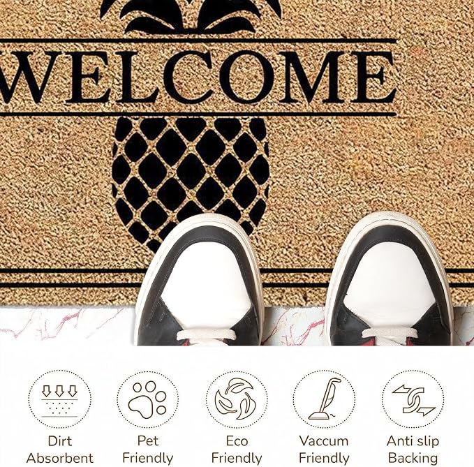 Coco Coir Door Mat Outside Entrance Pineapple Welcome Print, 30x17 inches