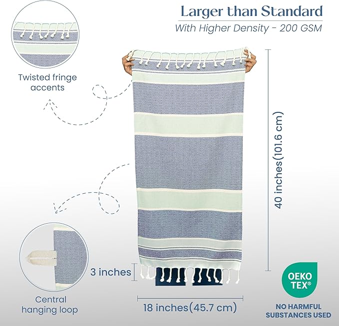 Set of 2 Diamond weave Waffle Stripe Turkish Towel with Twisted Tassels, 18" x 40", 100% Fresh cotton, Blue & Gray