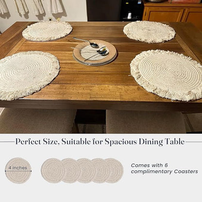Ivory Braided Solid Placemat with fringes set of 6 (13" + with 2" fringes) +6 Coasters (4")- Recycle Cotton