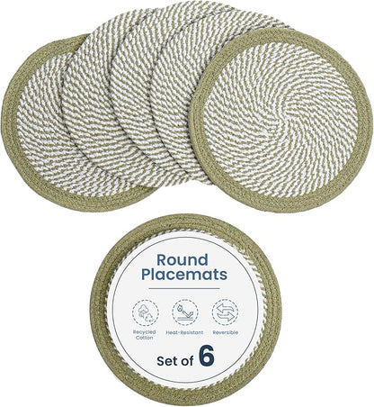 Melange Green & White  Braided Placemat set of 6 (3 pcs full melange+3 pcs with solid border) - Recycle Cotton