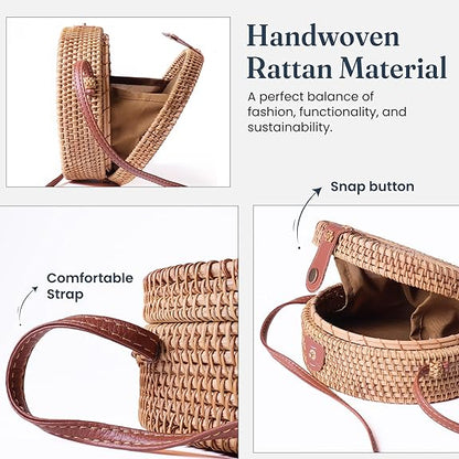 India Wholesale Rattan Round Boho Crossbody Bag for Women, 8x3 inch