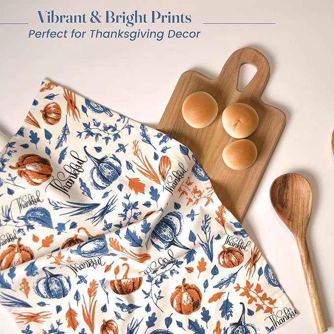 Set of 2 Thankful & Grateful Printed Dish Towels, 18" x28", 100% Cotton, Blue & Orange - India Wholesale Co.