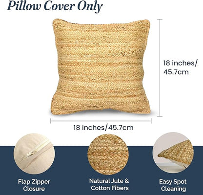 Jute Braided Decorative Pillow Cover, 18x18 inch, 2Pc. Natural