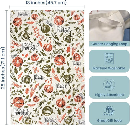 Set of 2 Thankful Printed Dish Towels, Hand Towels, 18" x28", 100% Cotton, Rust & Olive