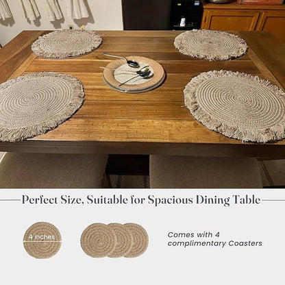 Beige Braided Solid Placemat with fringes set of 4 (13" + with 2" fringes) +4 Coasters (4")- Recycle Cotton