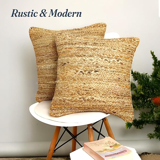 Jute Braided Decorative Pillow Cover, 18x18 inch, 2Pc. Natural