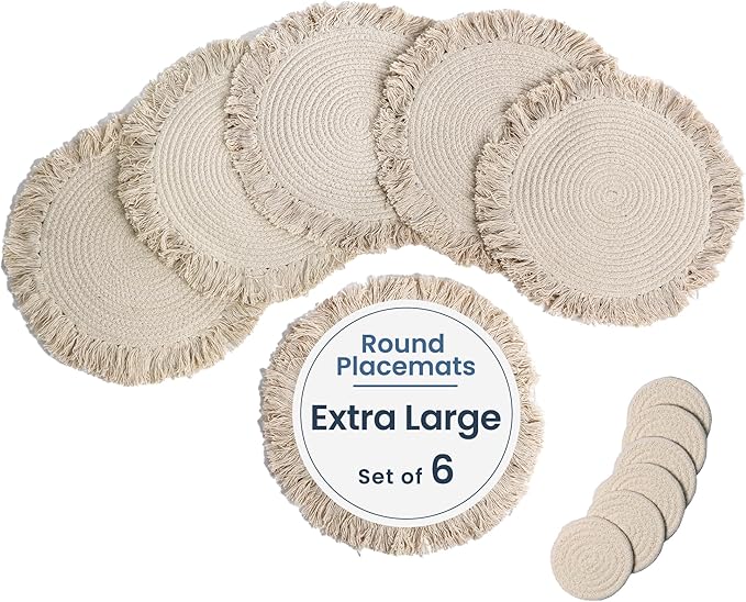 Ivory Braided Solid Placemat with fringes set of 6 (13" + with 2" fringes) +6 Coasters (4")- Recycle Cotton