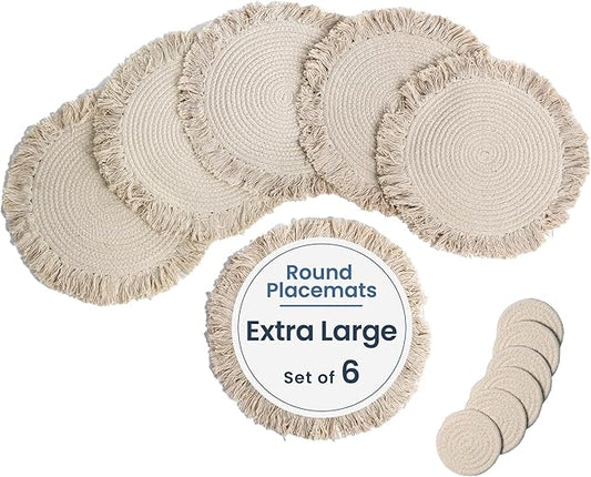 Ivory Braided Solid Placemat with fringes set of 6 (13" + with 2" fringes) +6 Coasters (4")- Recycle Cotton