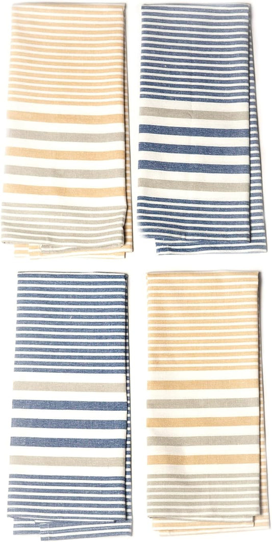 Set of 4 yarn Dyed Kitchen Towel, 18" x 28", Recycled Cotton, Beige & Blue - India Wholesale Co.