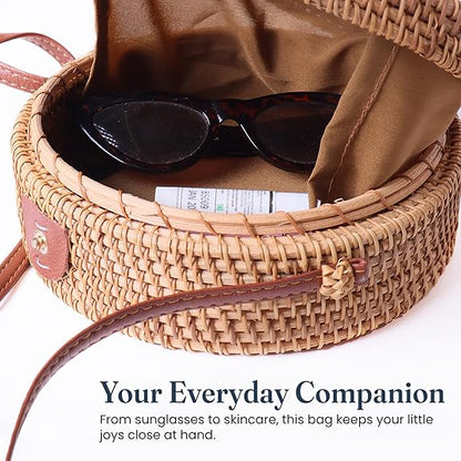 India Wholesale Rattan Round Boho Crossbody Bag for Women, 8x3 inch