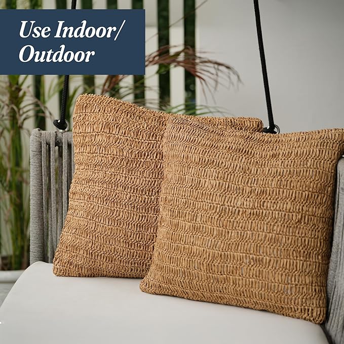 Rustic Raffia Handwoven Pillow Cover 18x18 inches – Boho Decorative Cushion