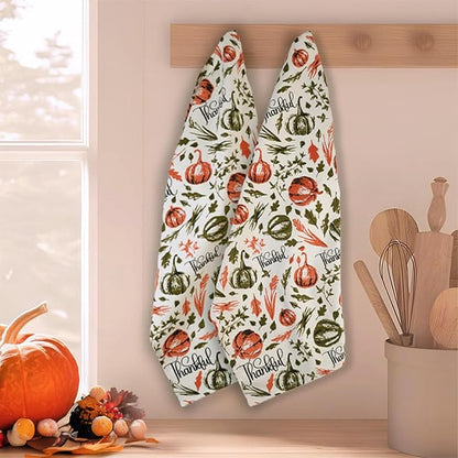 Set of 2 Thankful Printed Dish Towels, Hand Towels, 18" x28", 100% Cotton, Rust & Olive