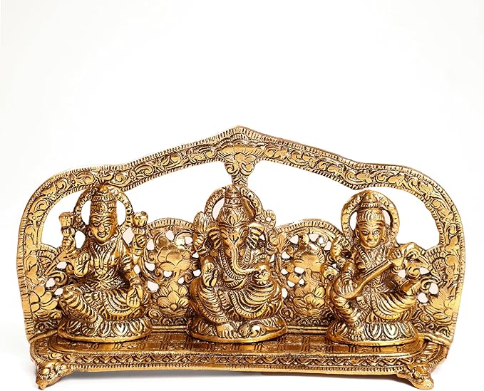 Laxmi Ganesh Saraswati Idol, handcrafted in Antique Gold finish, Set of 1 - India Wholesale Co.