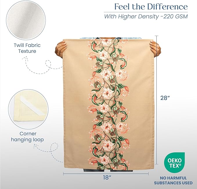 Set of 2 Baroque Ornamental Printed Kitchen Towel 18" x28", 100% Fresh cotton, Floral Beige